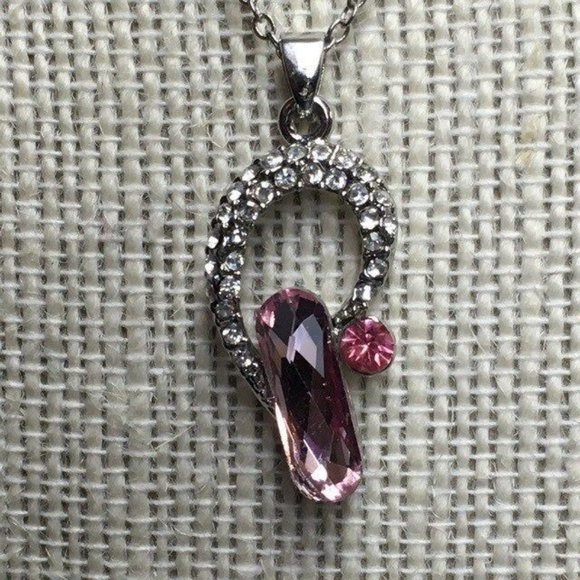 Pendant Necklace Pink Rhinestone Horseshoe Horse Silver Chain Barbie Retro BoHo - Picture 2 of 5